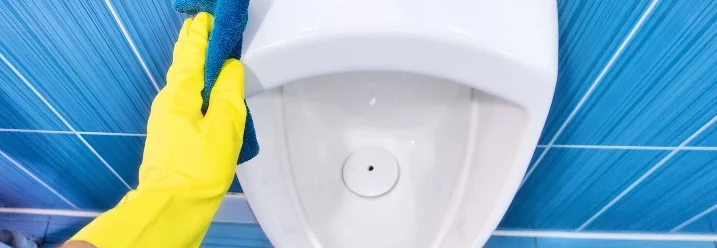 Hand in Gummihandschuh reinigt Urinal mit Lappen